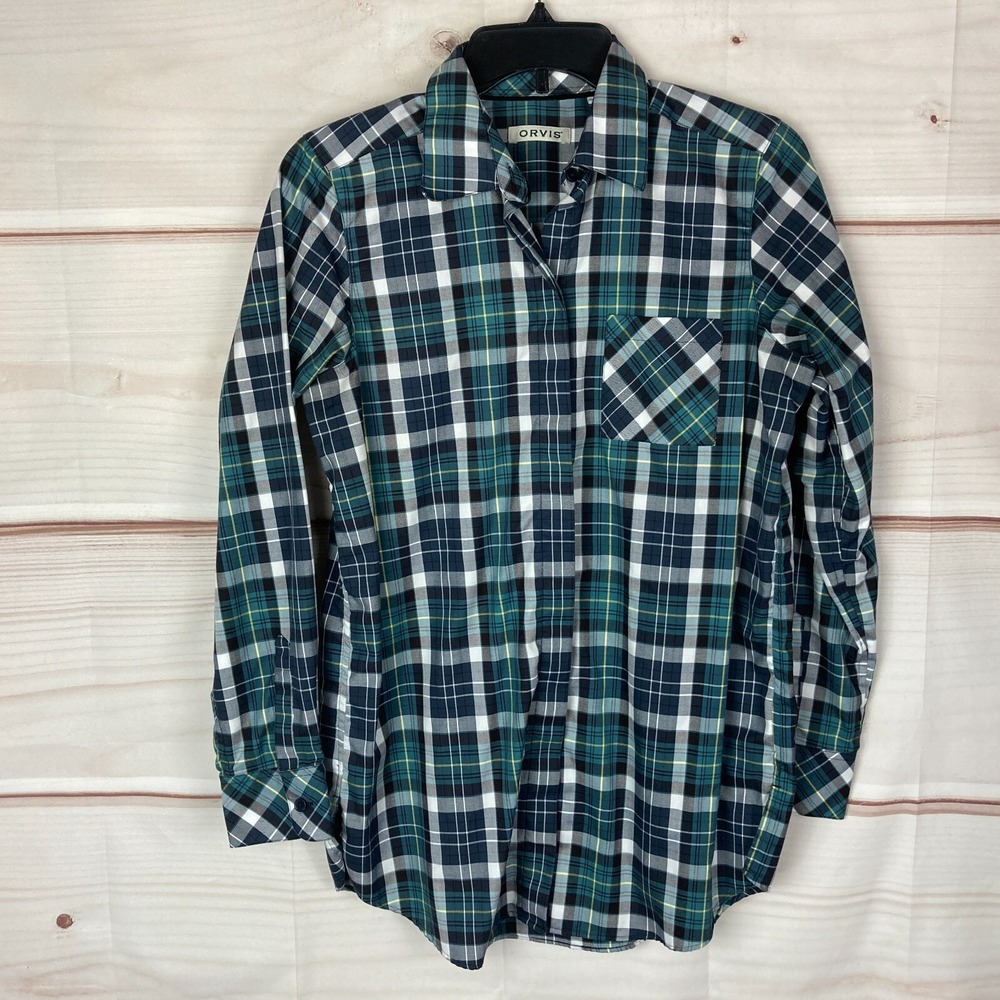 Orvis Top Womens 6 Green Blue Cotton Plaid Button Up Shirt Collared Long Sleeve